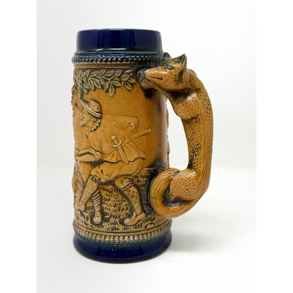 Vintage German Beer Stein Fox Handle Boar Hunting Scene Relief Mug No Lid - Picture 5 of 7